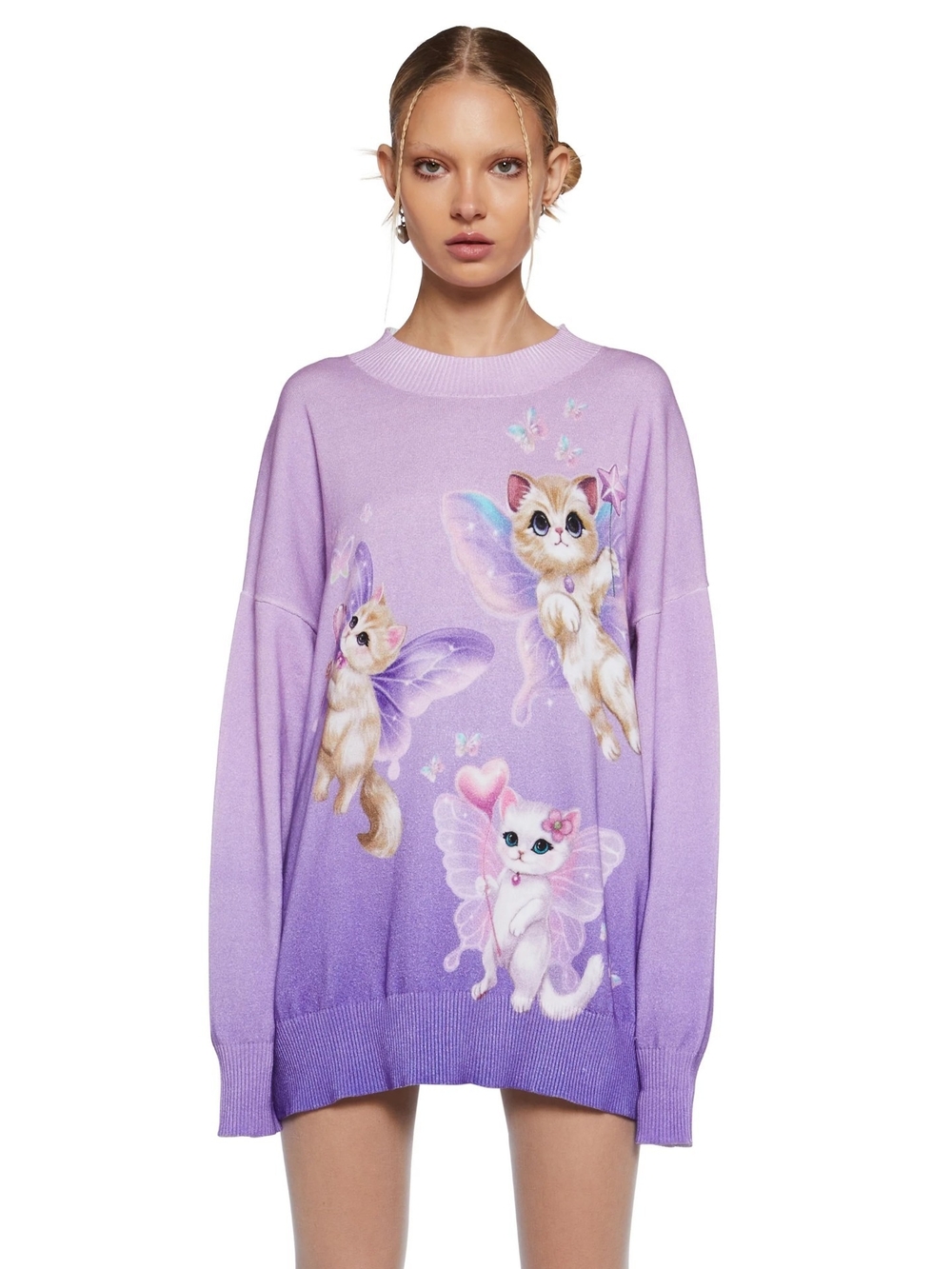 dELiA*s Lavender Ombre Crewneck Sweater with Fairy Cat Motif